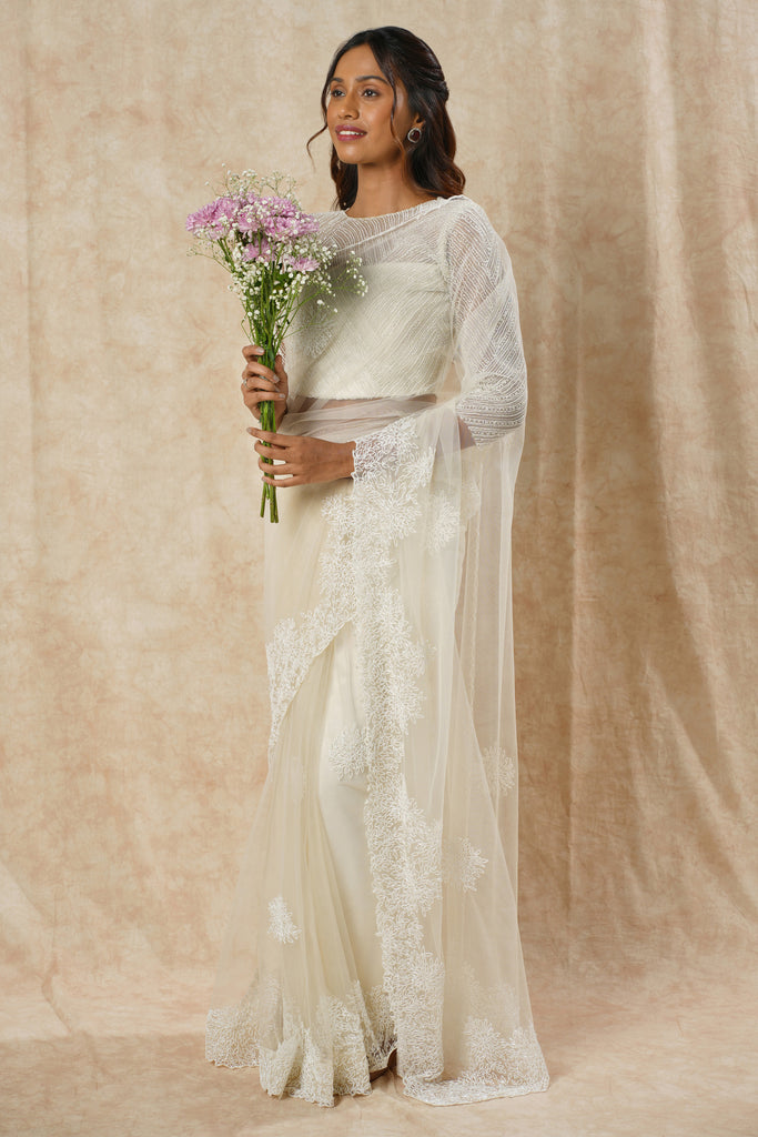 Net Saree with Cut Dana Embellishments & full Blouse detailing