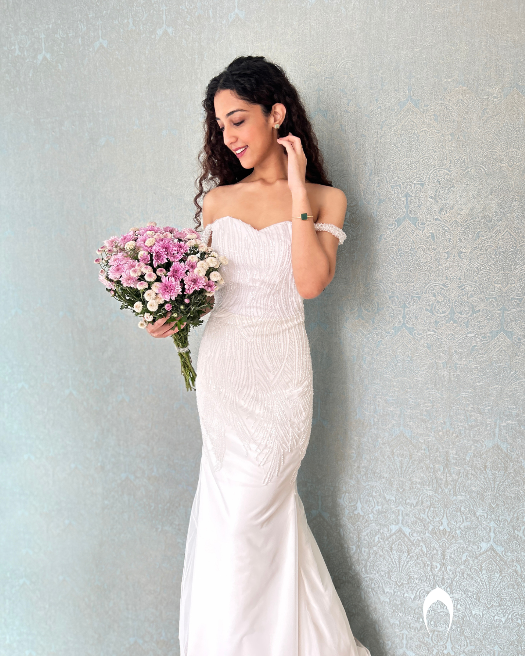 Signature christian bridal mermaid off shoulder gown with embellished net