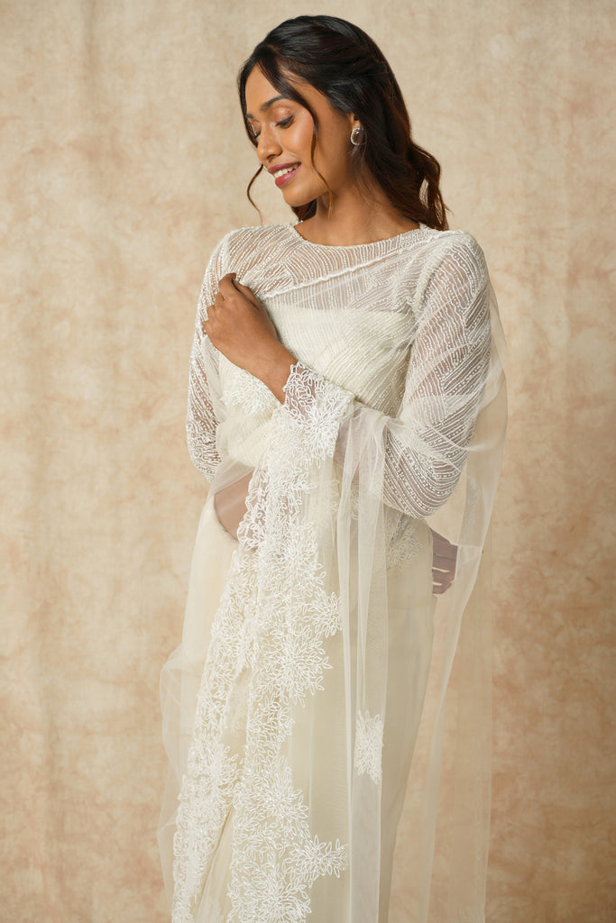 Net Saree with Cut Dana Embellishments & full Blouse detailing