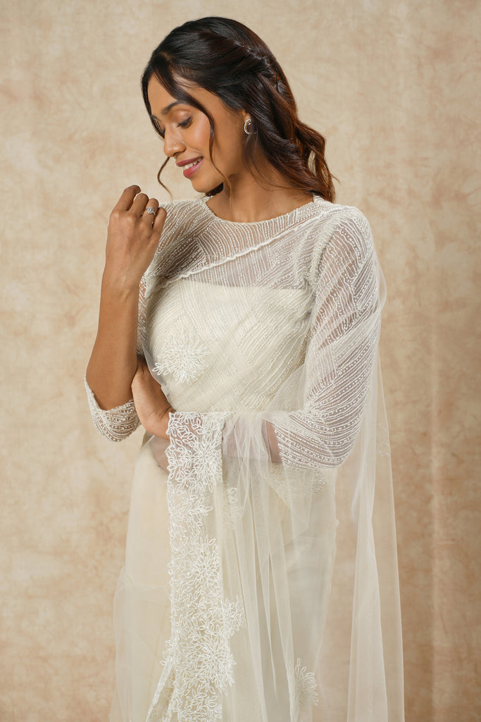 Net Saree with Cut Dana Embellishments & full Blouse detailing