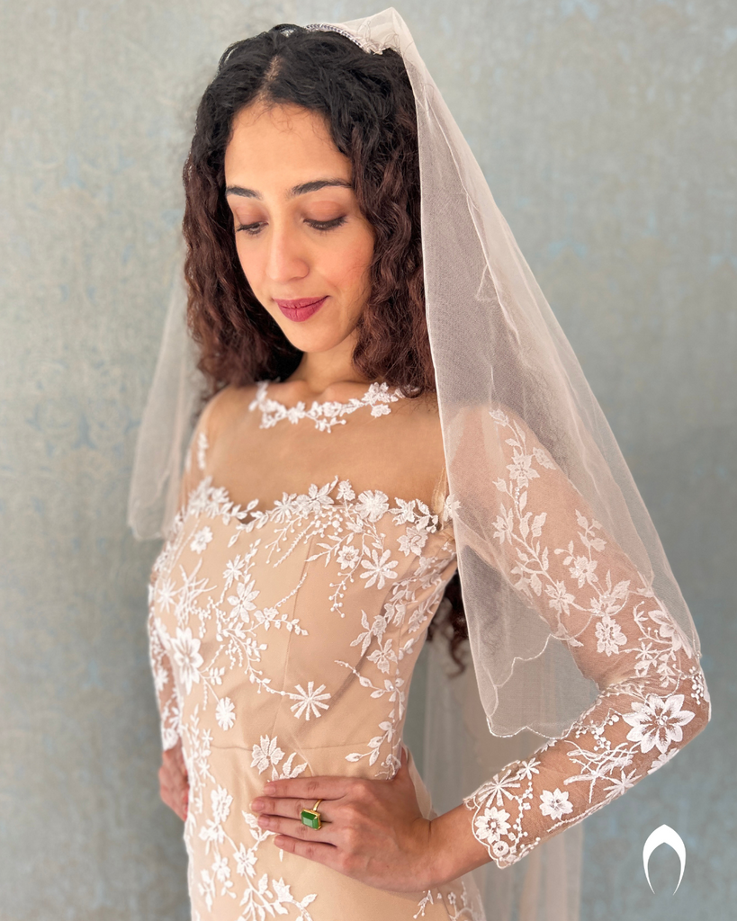 Signature bridal mermaid gown in champagne shade with floral lace embroidery