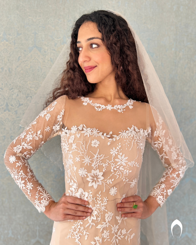 Signature bridal mermaid gown in champagne shade with floral lace embroidery