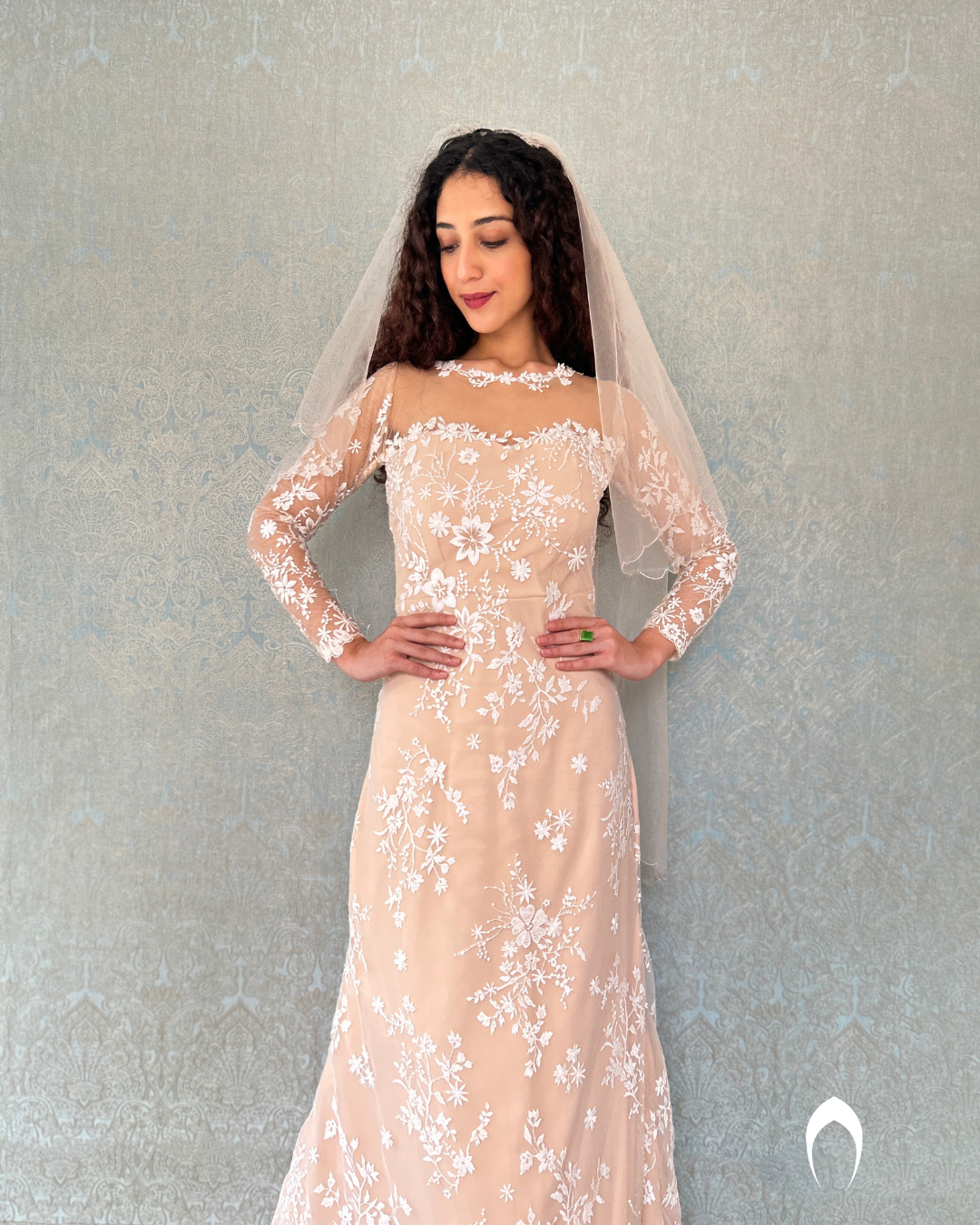 Signature bridal mermaid gown in champagne shade with floral lace embroidery