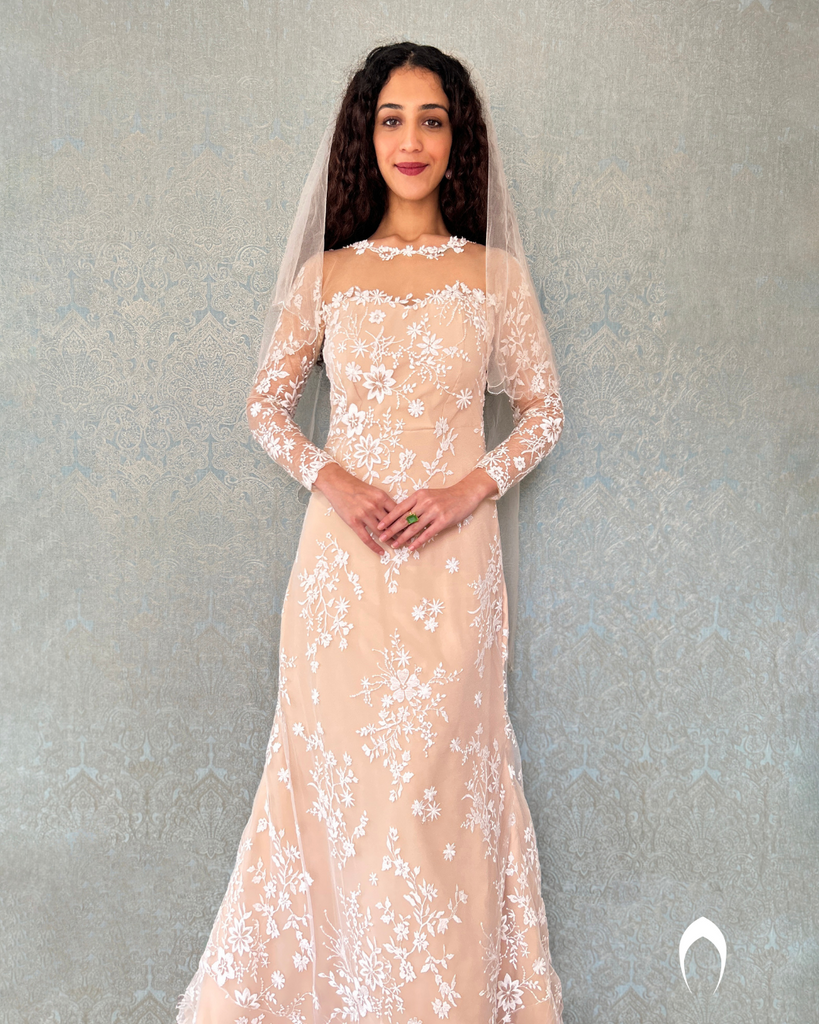 Signature bridal mermaid gown in champagne shade with floral lace embroidery