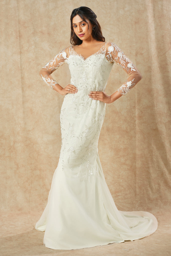Ivory Mermaid Gown with Lace Embroidery, bead highlight