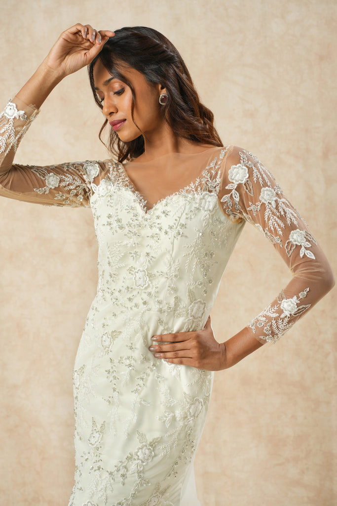Ivory Mermaid Gown with Lace Embroidery, bead highlight