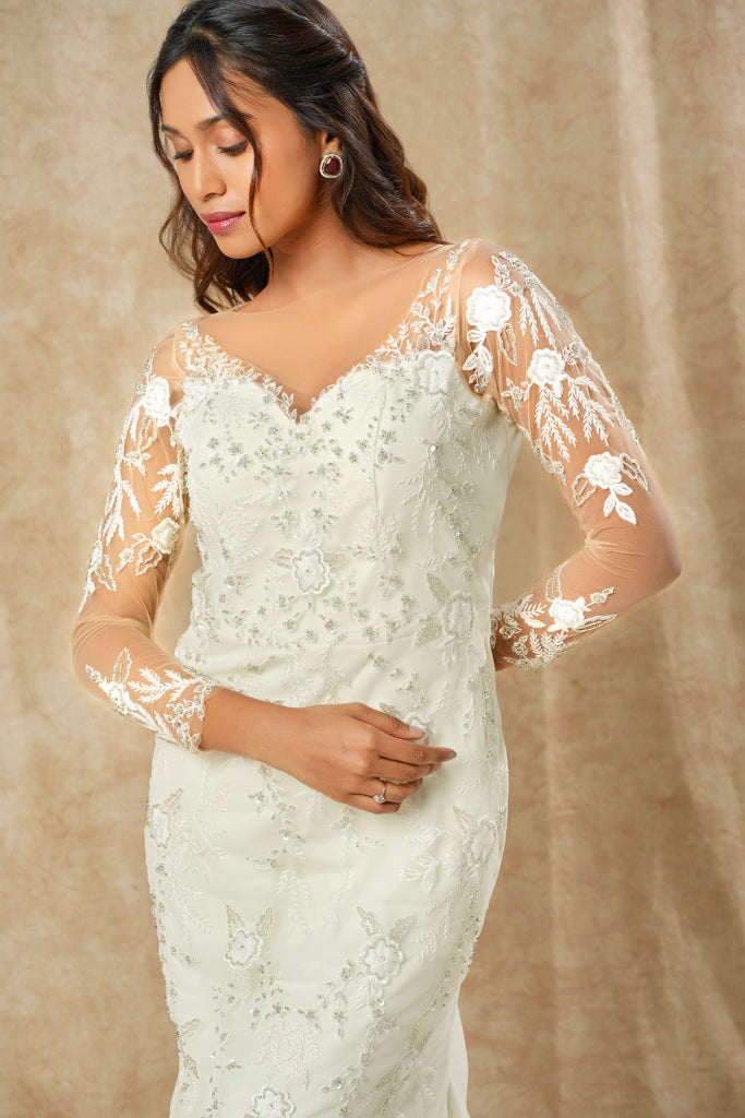 Ivory Mermaid Gown with Lace Embroidery, bead highlight