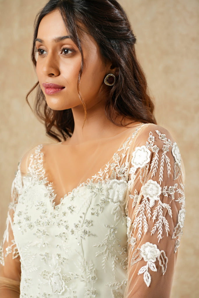 Ivory Mermaid Gown with Lace Embroidery, bead highlight