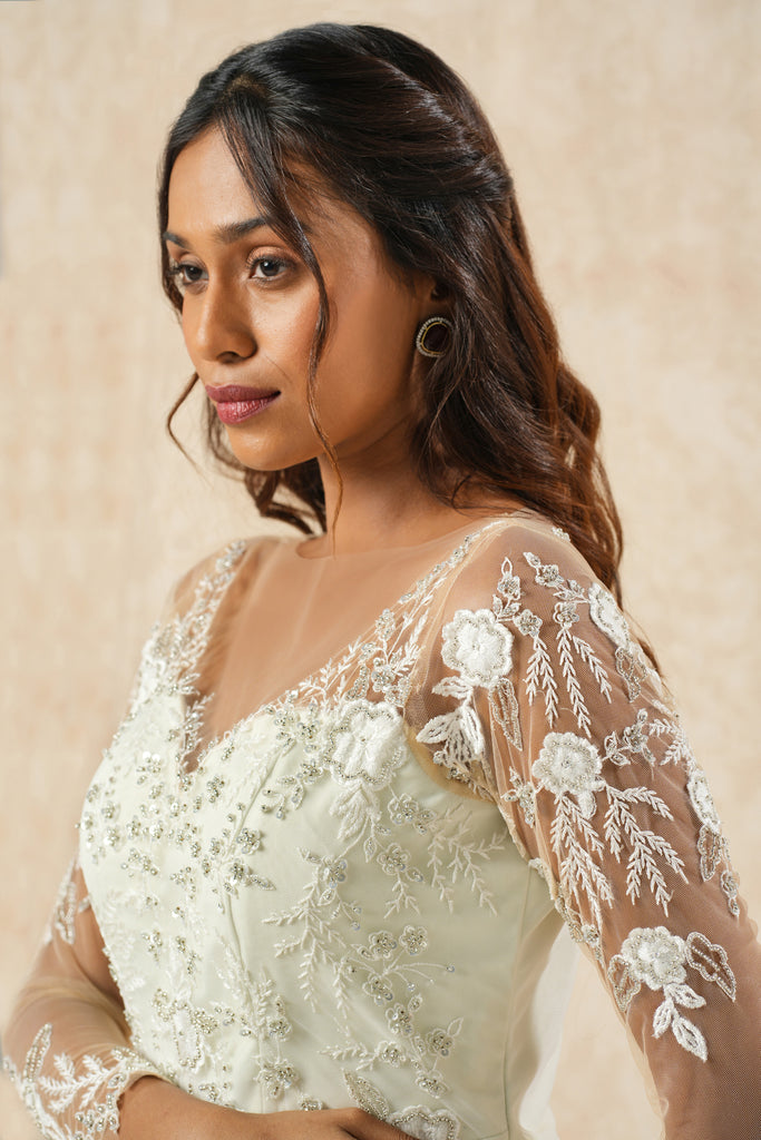 Ivory Mermaid Gown with Lace Embroidery, bead highlight