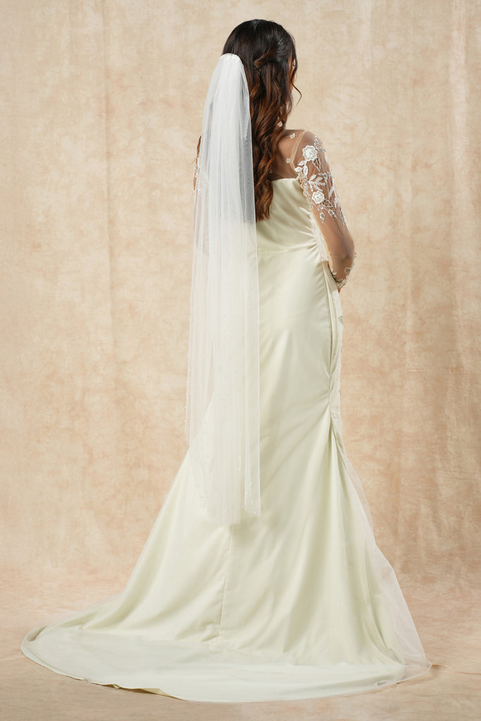 Ivory Mermaid Gown with Lace Embroidery, bead highlight