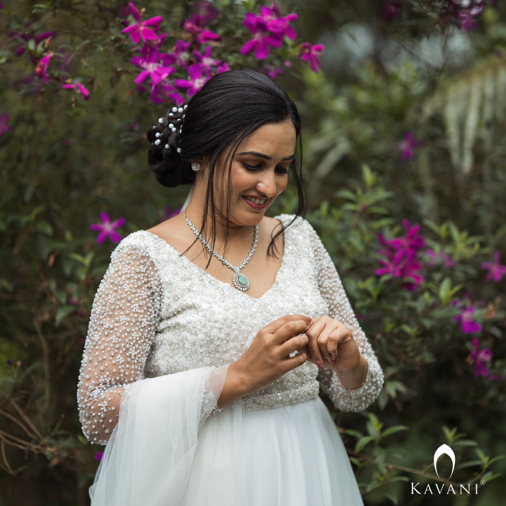 Our beautiful bride in her stunning aline bridal outfit with embellished lace and hand embroidery