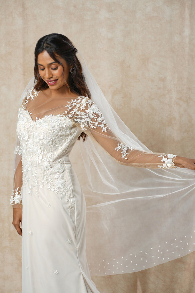 Embroidered Mermaid Gown with Floral Lace Appliqué, Full Sleeves & Long Trail