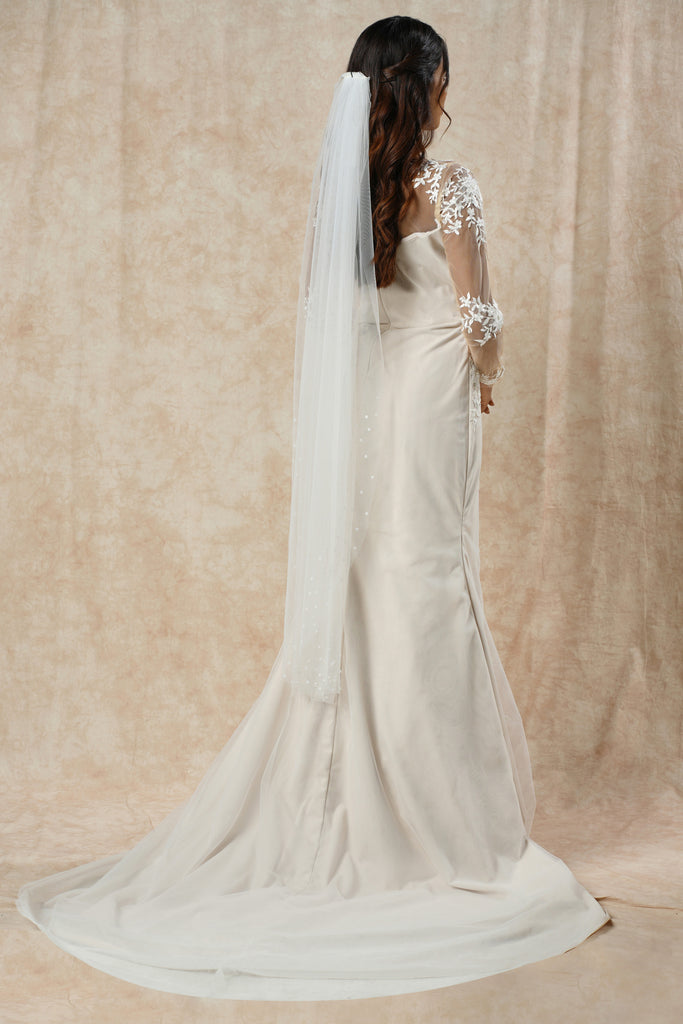 Embroidered Mermaid Gown with Floral Lace Appliqué, Full Sleeves & Long Trail