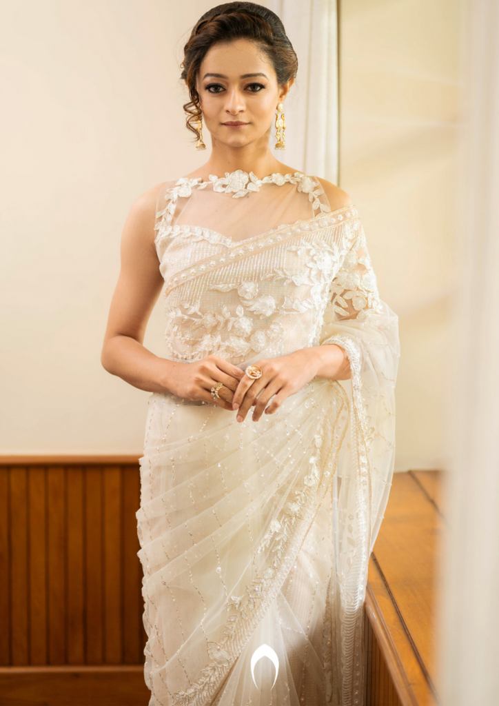 Signature christian bridal saree with intricate lace work and hand embroidery