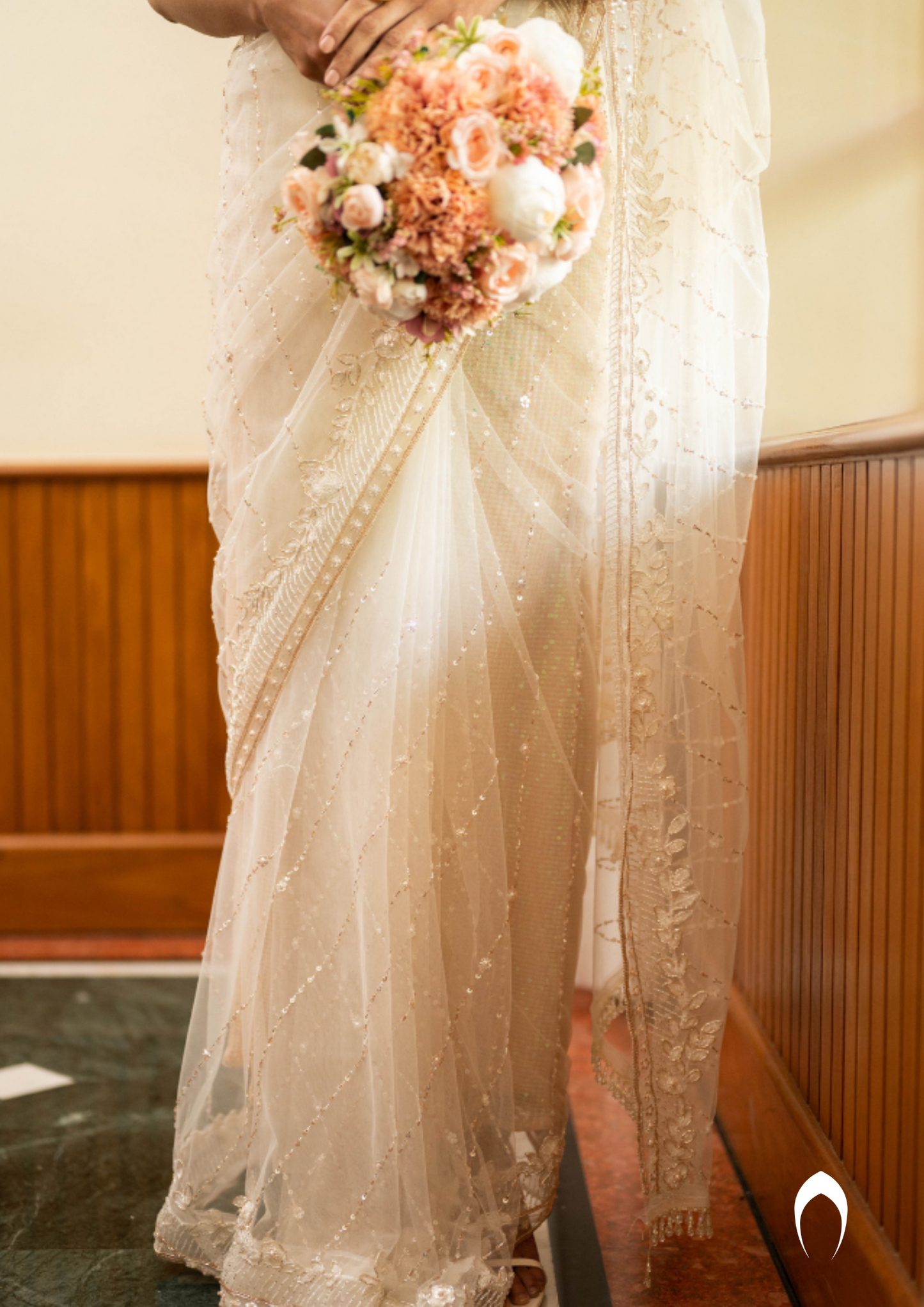 Signature christian bridal saree with intricate lace work and hand embroidery