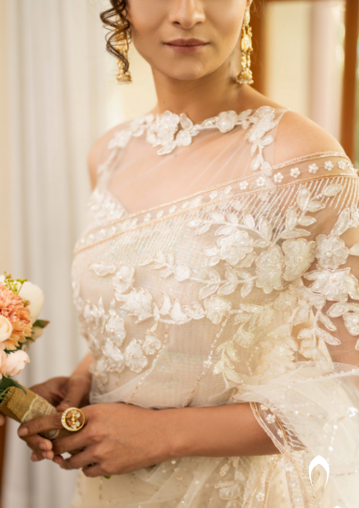 Signature christian bridal saree with intricate lace work and hand embroidery