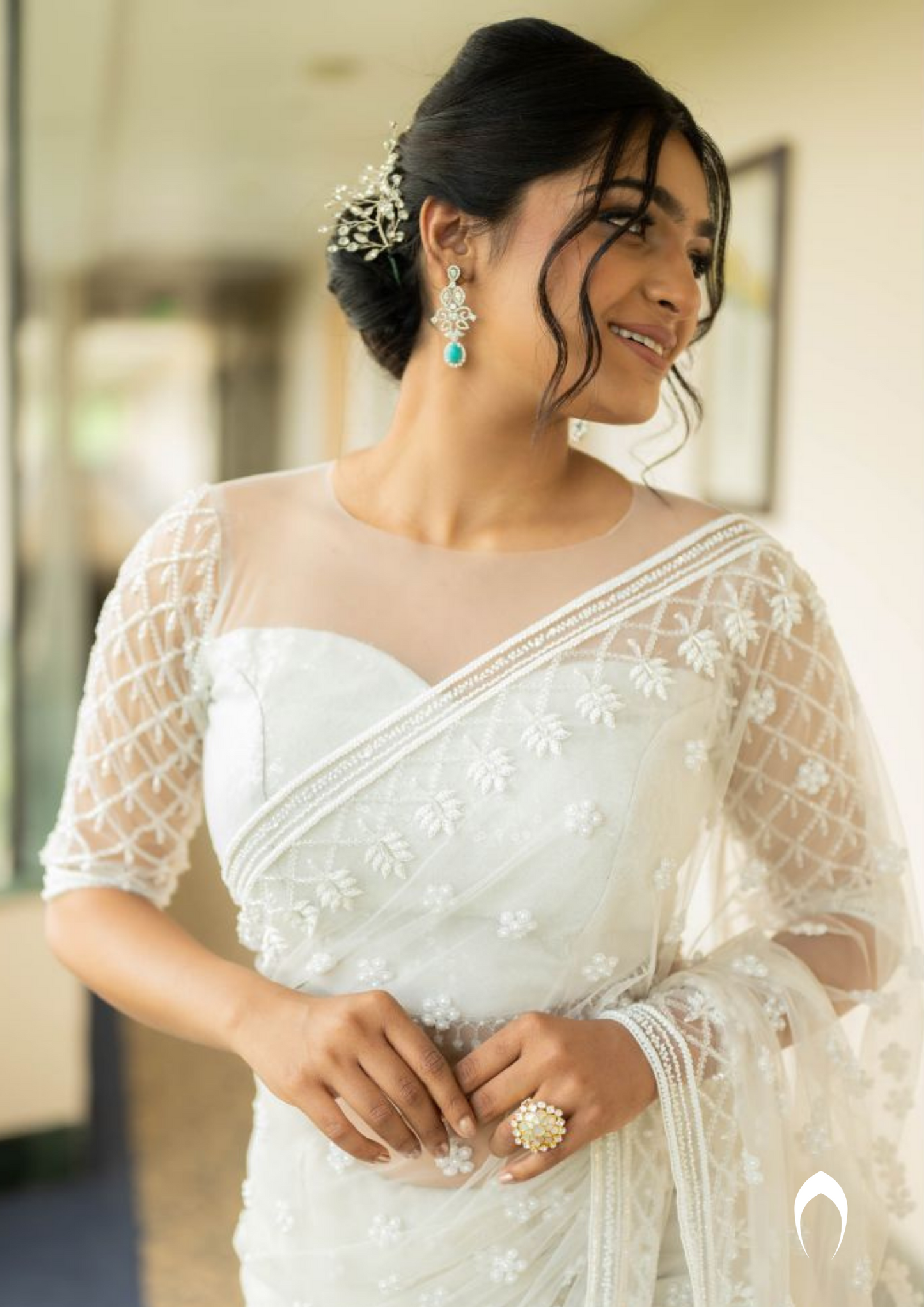 Signature Christian bridal saree in steel shade with heavy hand ermbroidery