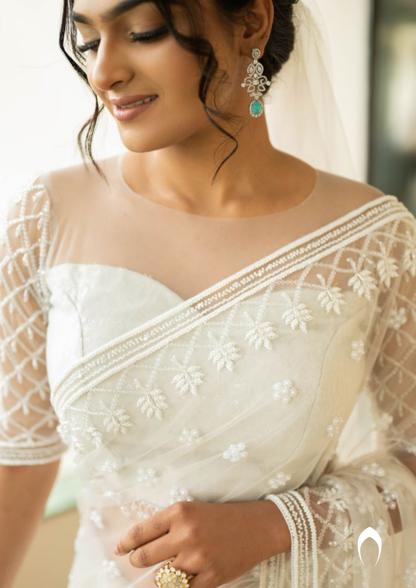Signature Christian bridal saree in steel shade with heavy hand ermbroidery