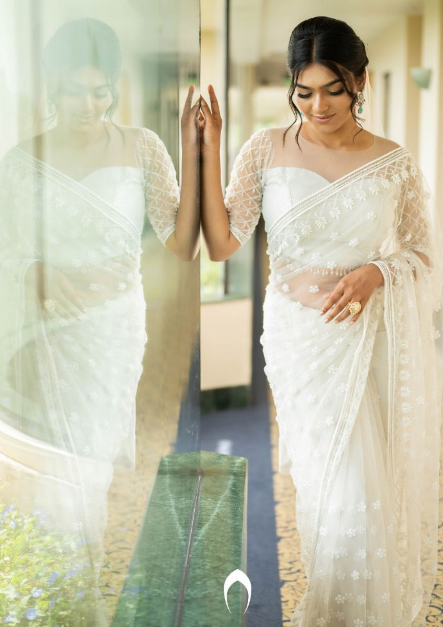 Signature Christian bridal saree in steel shade with heavy hand ermbroidery