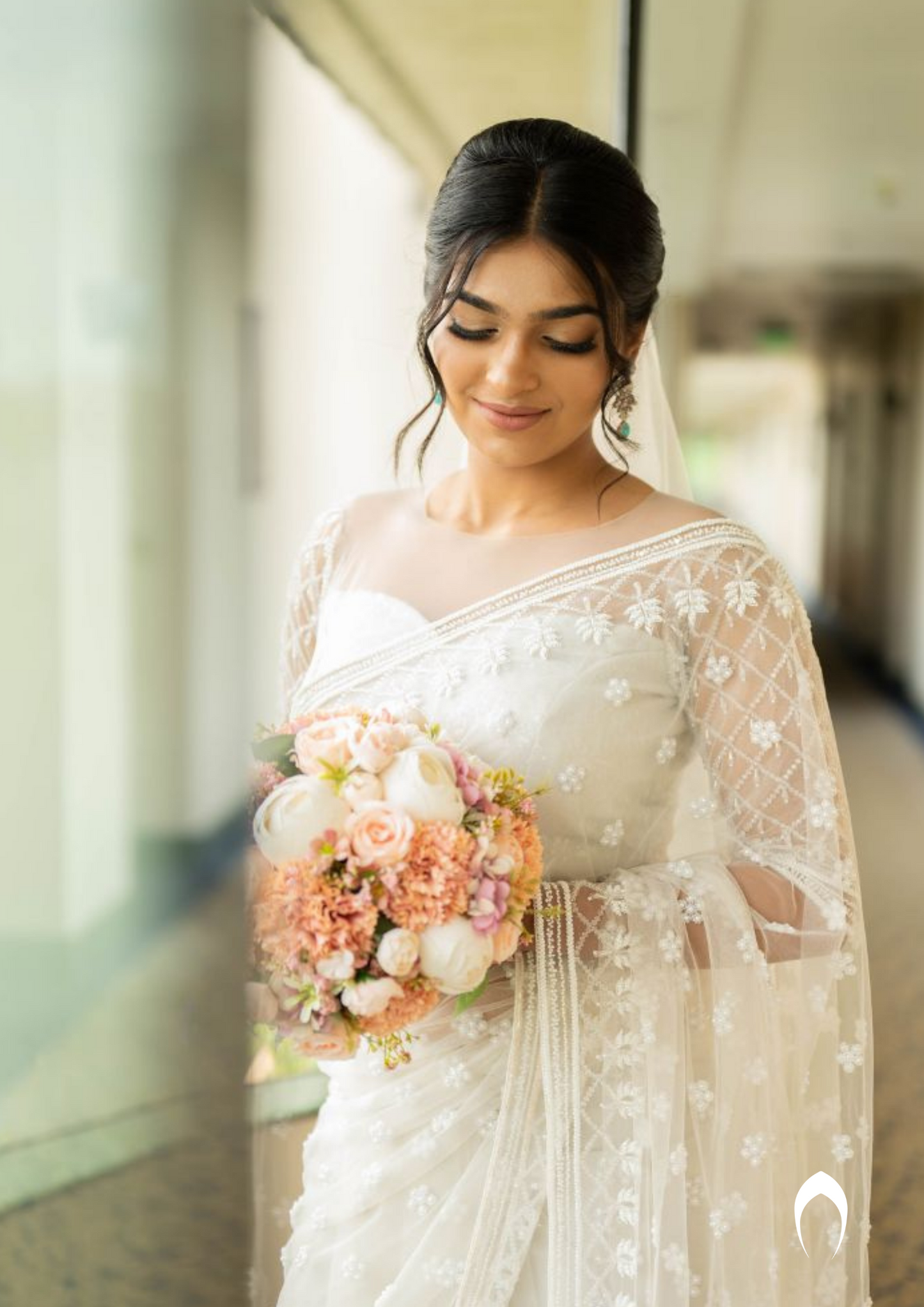Signature Christian bridal saree in steel shade with heavy hand ermbroidery