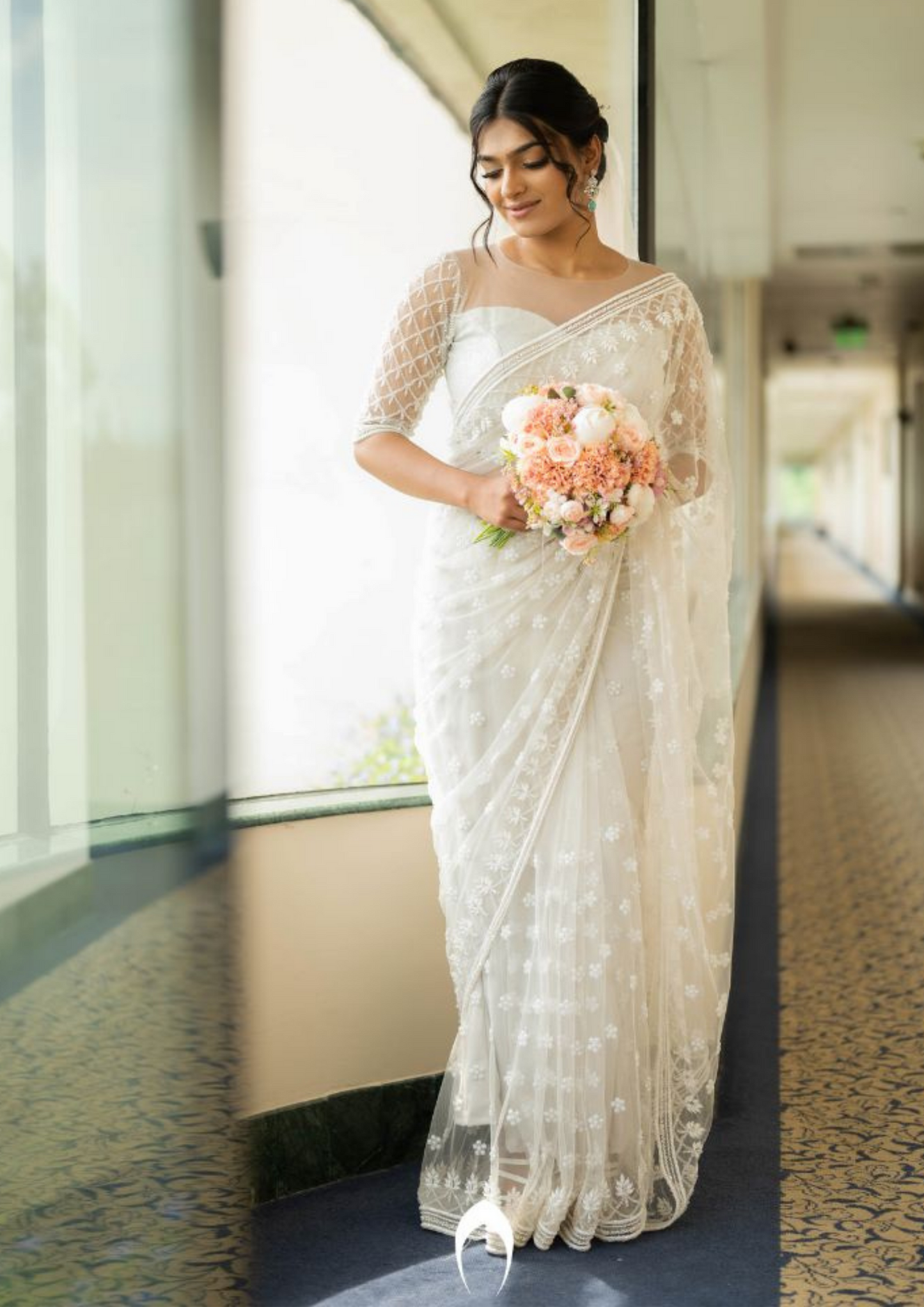 Signature Christian bridal saree in steel shade with heavy hand ermbroidery