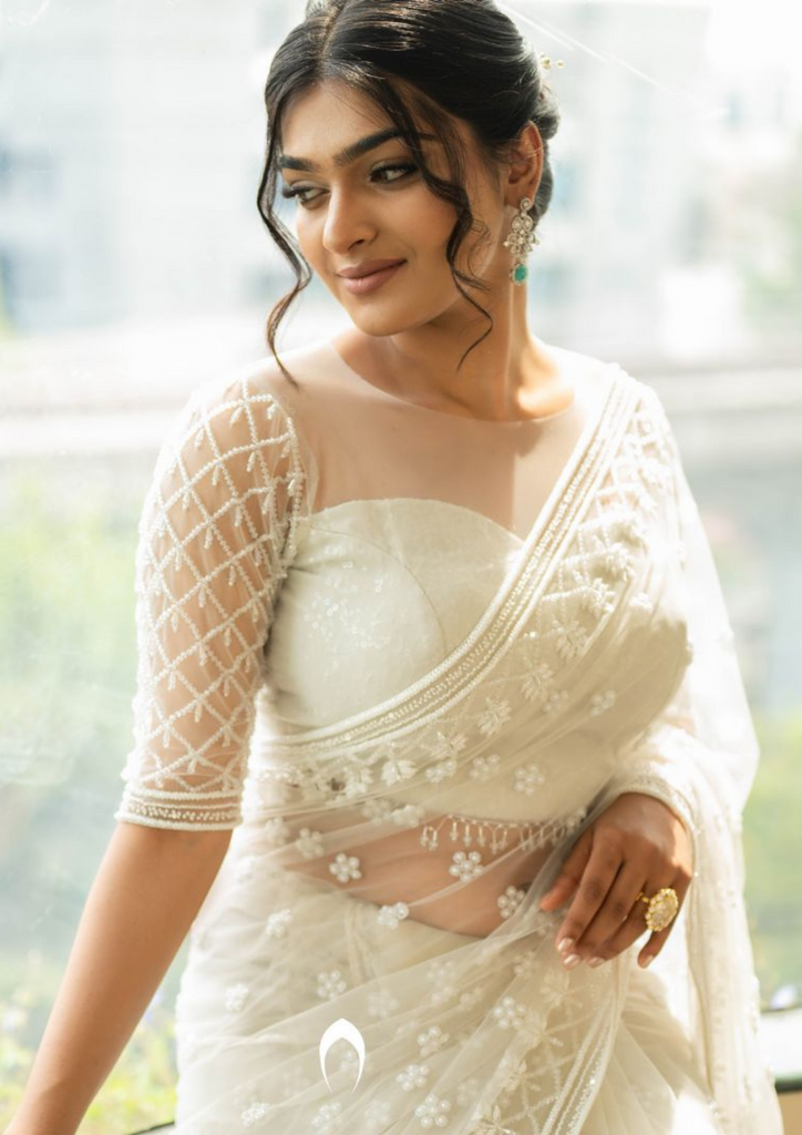 Signature Christian bridal saree in steel shade with heavy hand ermbroidery