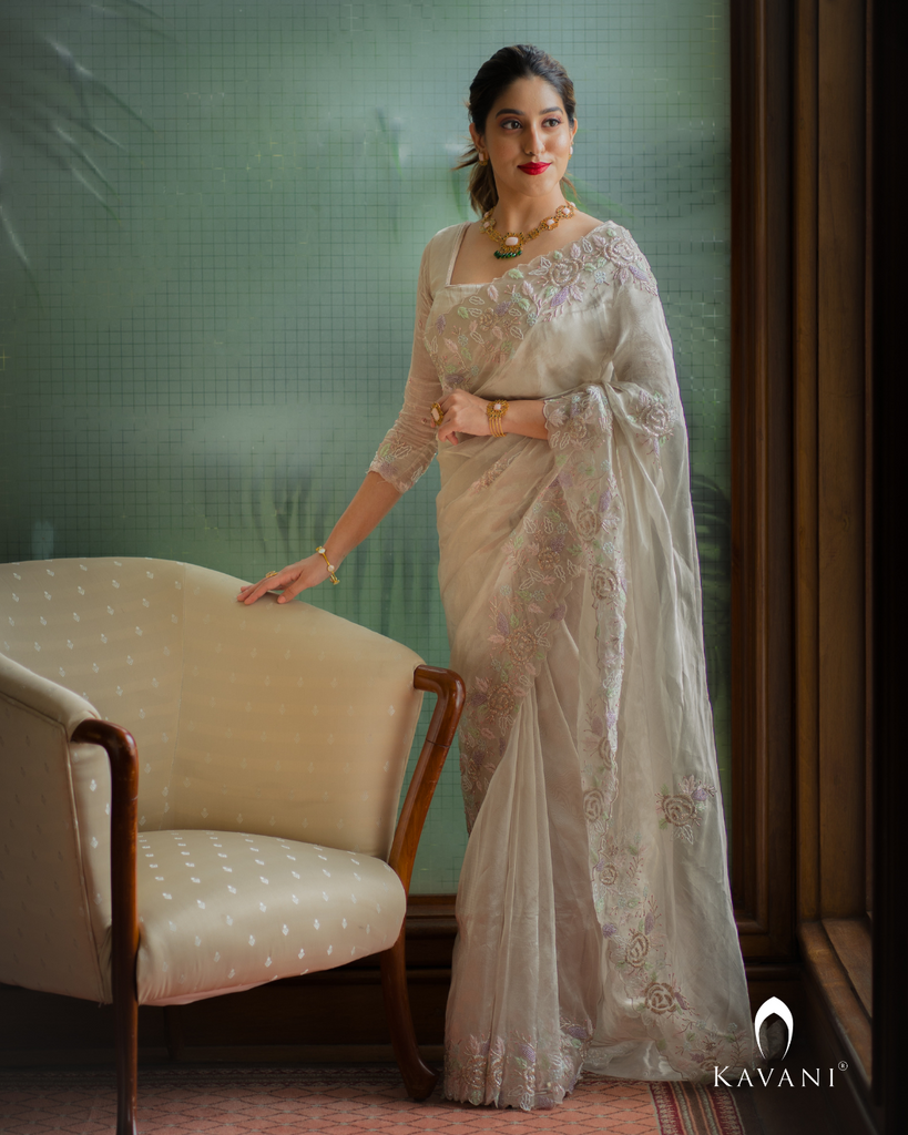 Signature Ash silver tisue silk saree with border work