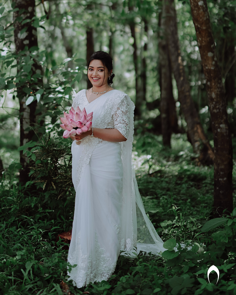 Signature christian bridal organza saree with floral lace embroidery