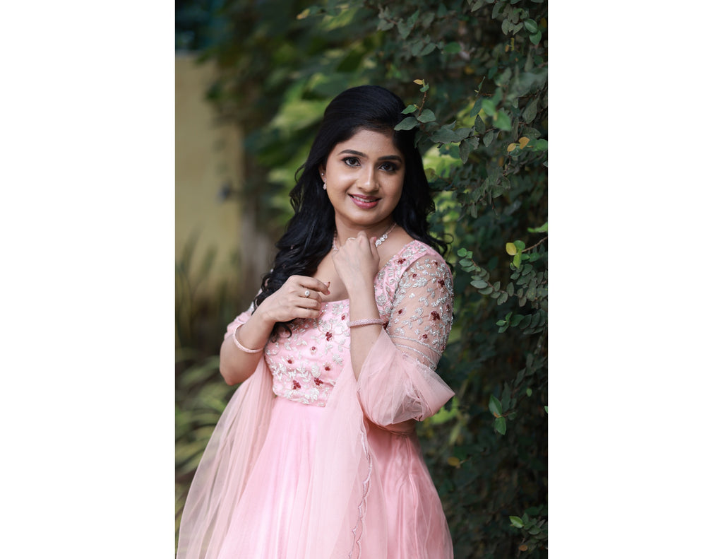 Signature bridal pink net lehanga with hand worked blouse