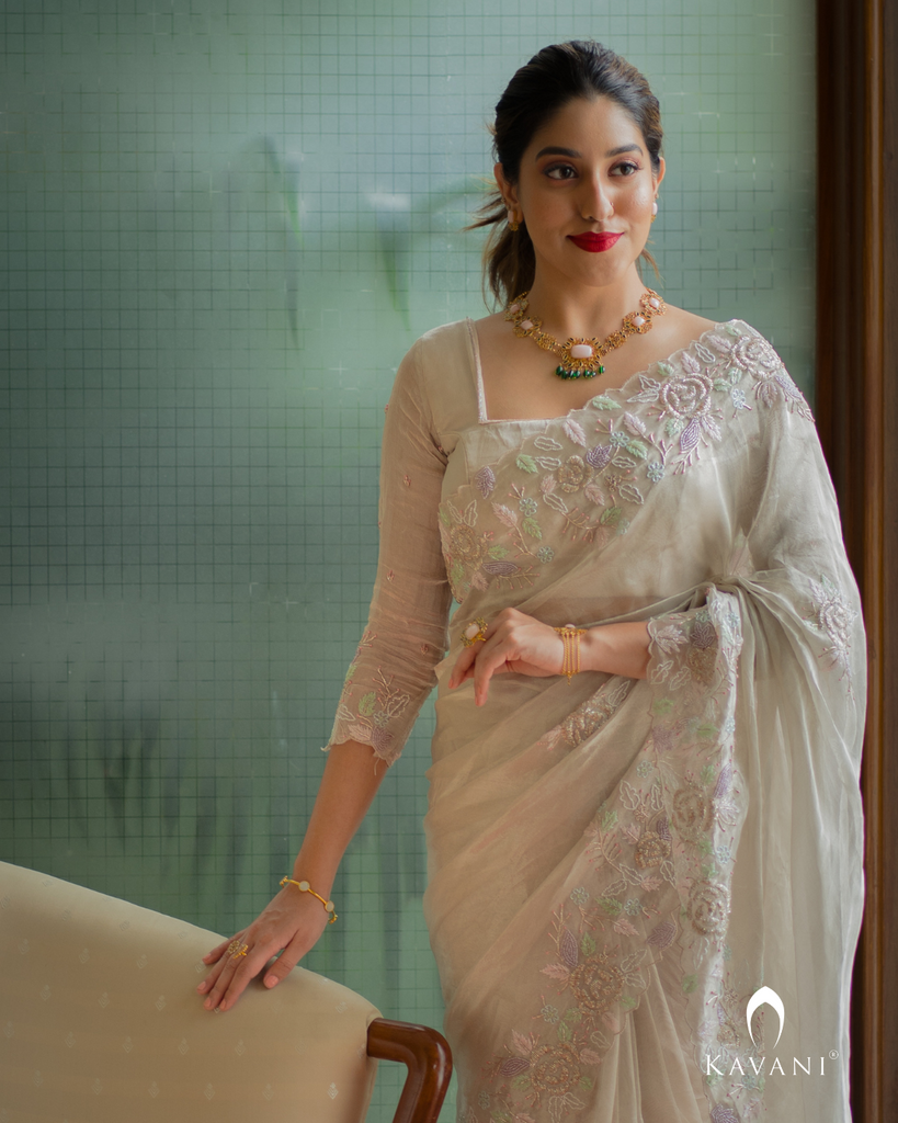 Signature Ash silver tisue silk saree with border work