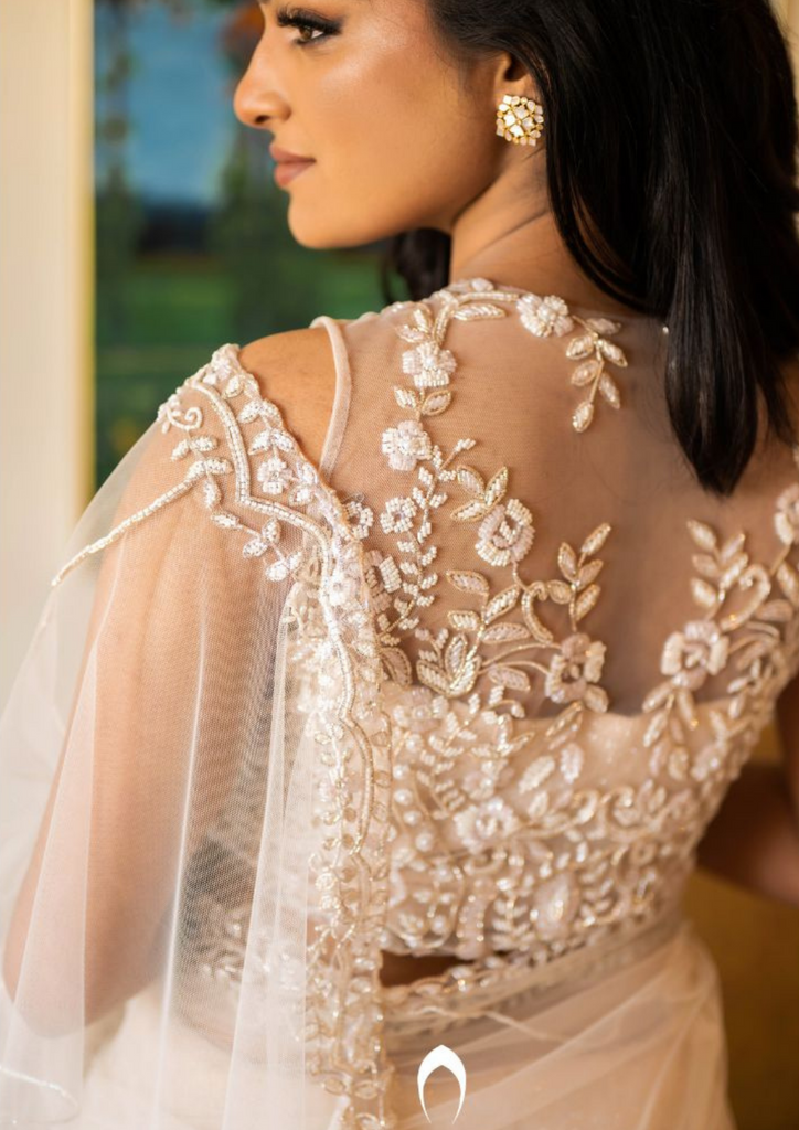Signature Christian bridal hand embroidered saree with florals and lines