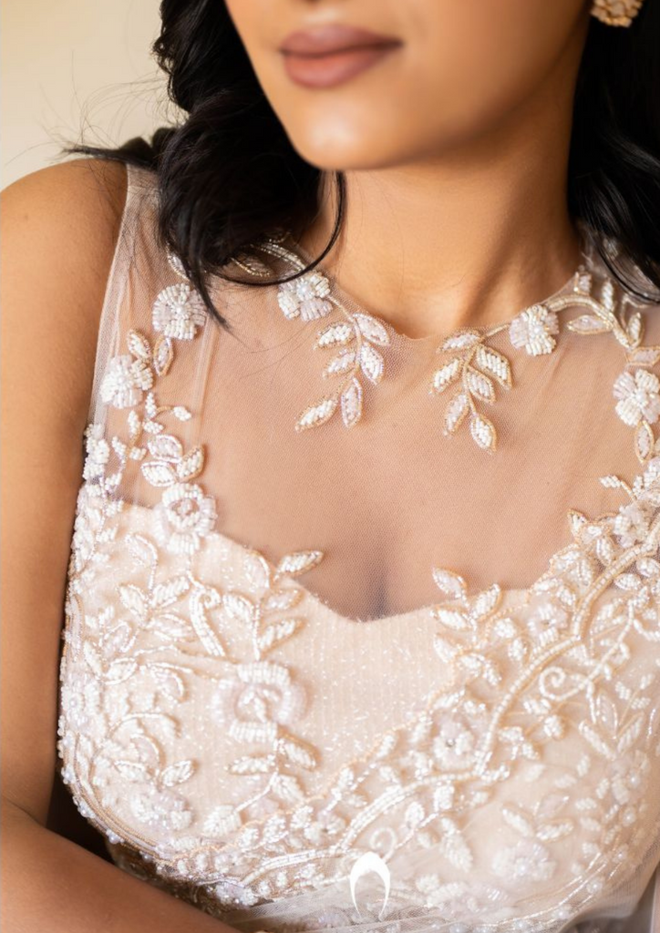Signature Christian bridal hand embroidered saree with florals and lines