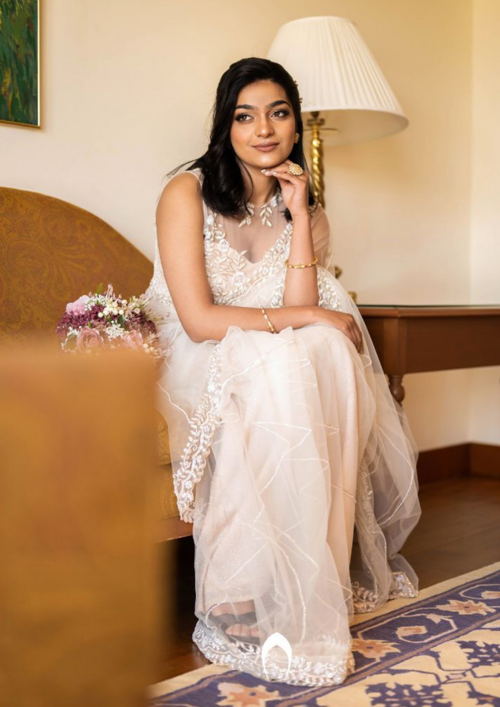 Signature Christian bridal hand embroidered saree with florals and lines