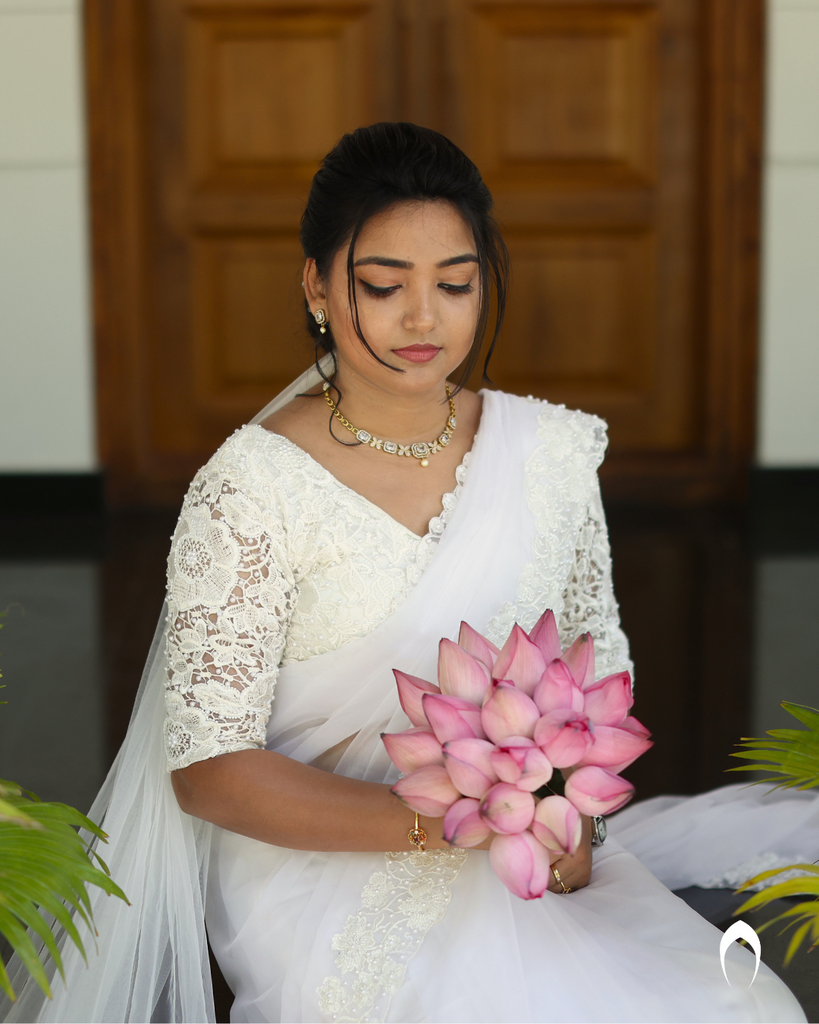 Signature christian bridal organza saree with floral lace embroidery