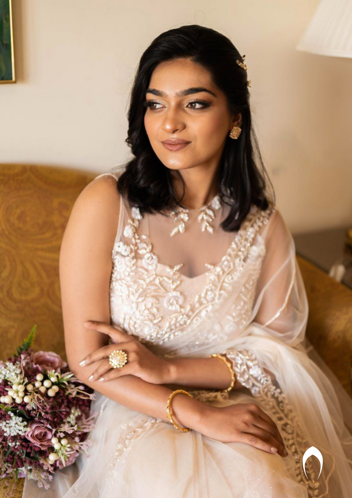 Signature Christian bridal hand embroidered saree with florals and lines