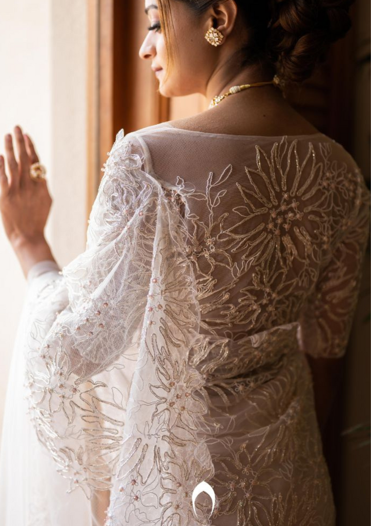 Signature christian bridal hand embroidered saree with pink and silver highlights
