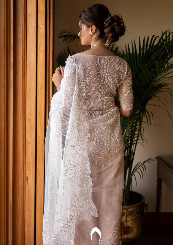 Signature christian bridal hand embroidered saree with pink and silver highlights