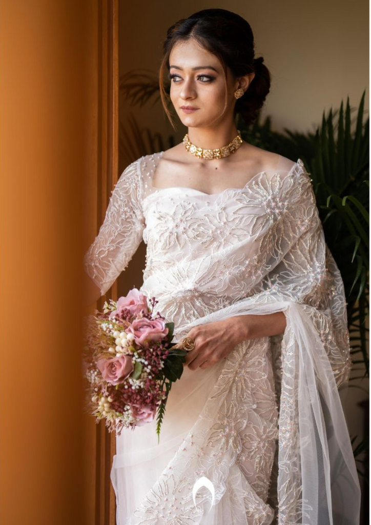 Signature christian bridal hand embroidered saree with pink and silver highlights