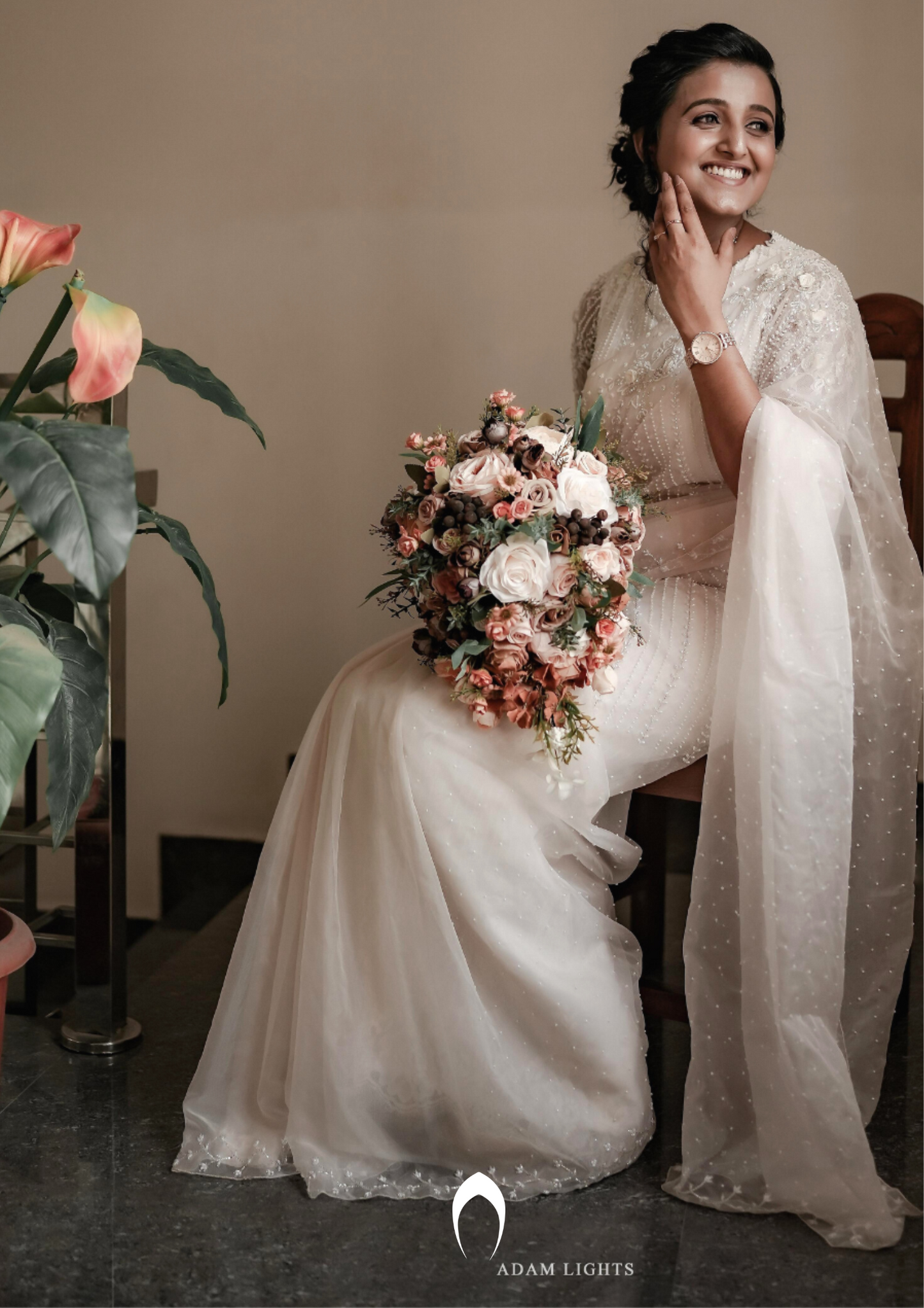 Signature Christian bridal Hand-Embroidered Organza Saree In Mild Blonde Shade
