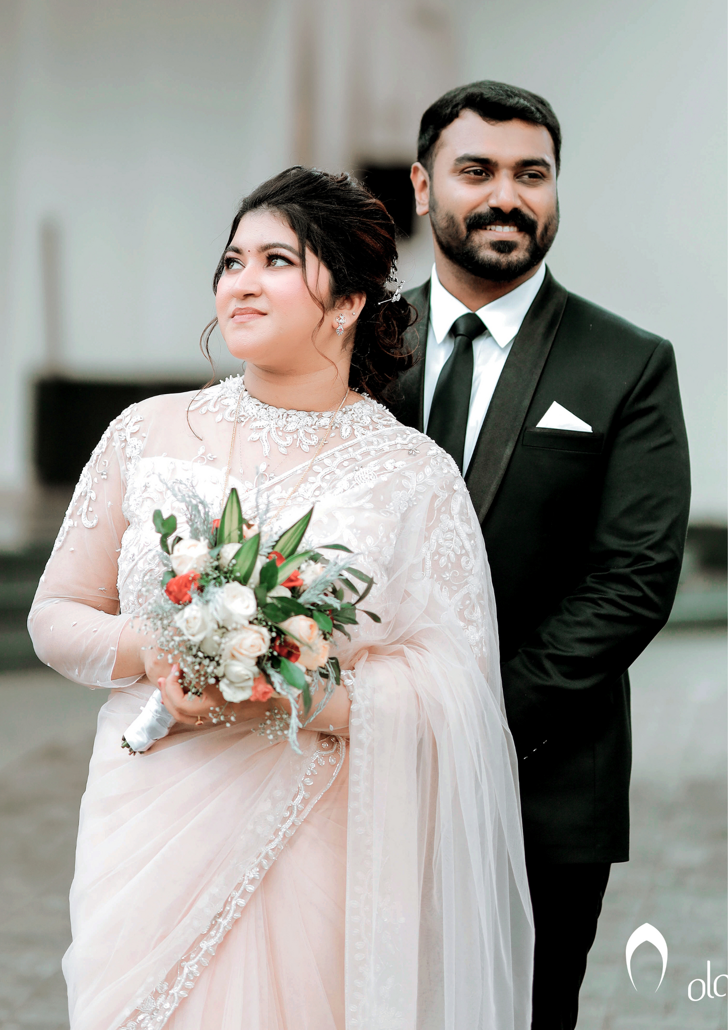 Signature Christian bridal hand embroidered saree in peach