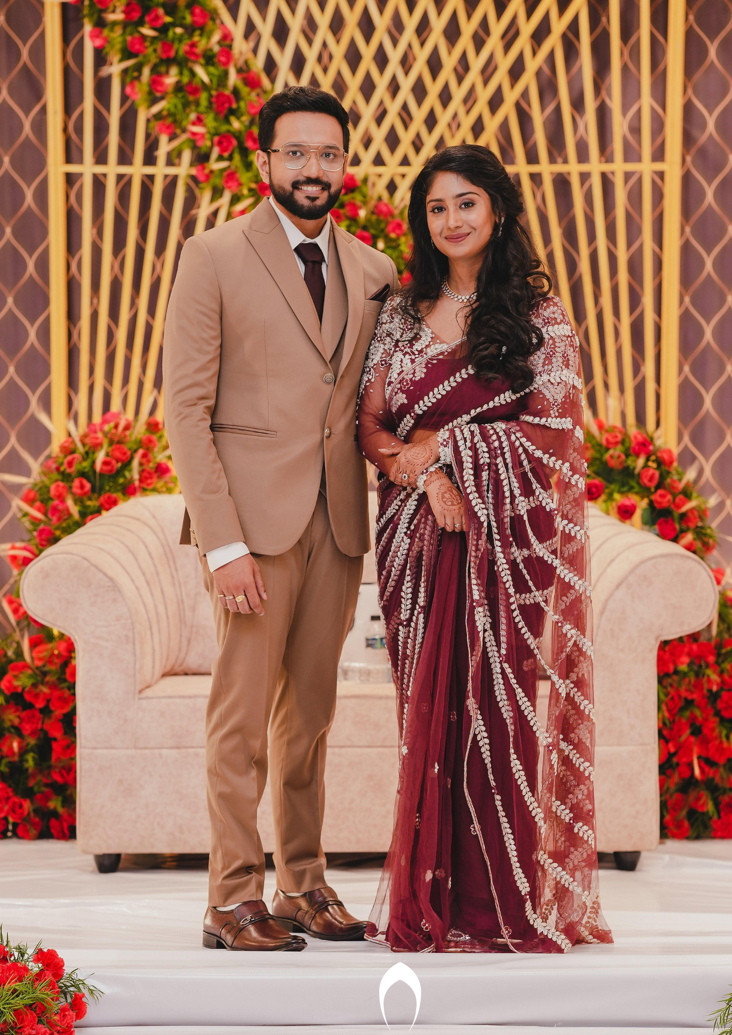 Signature Christian bridal heavy hand embroidered saree in wine shade