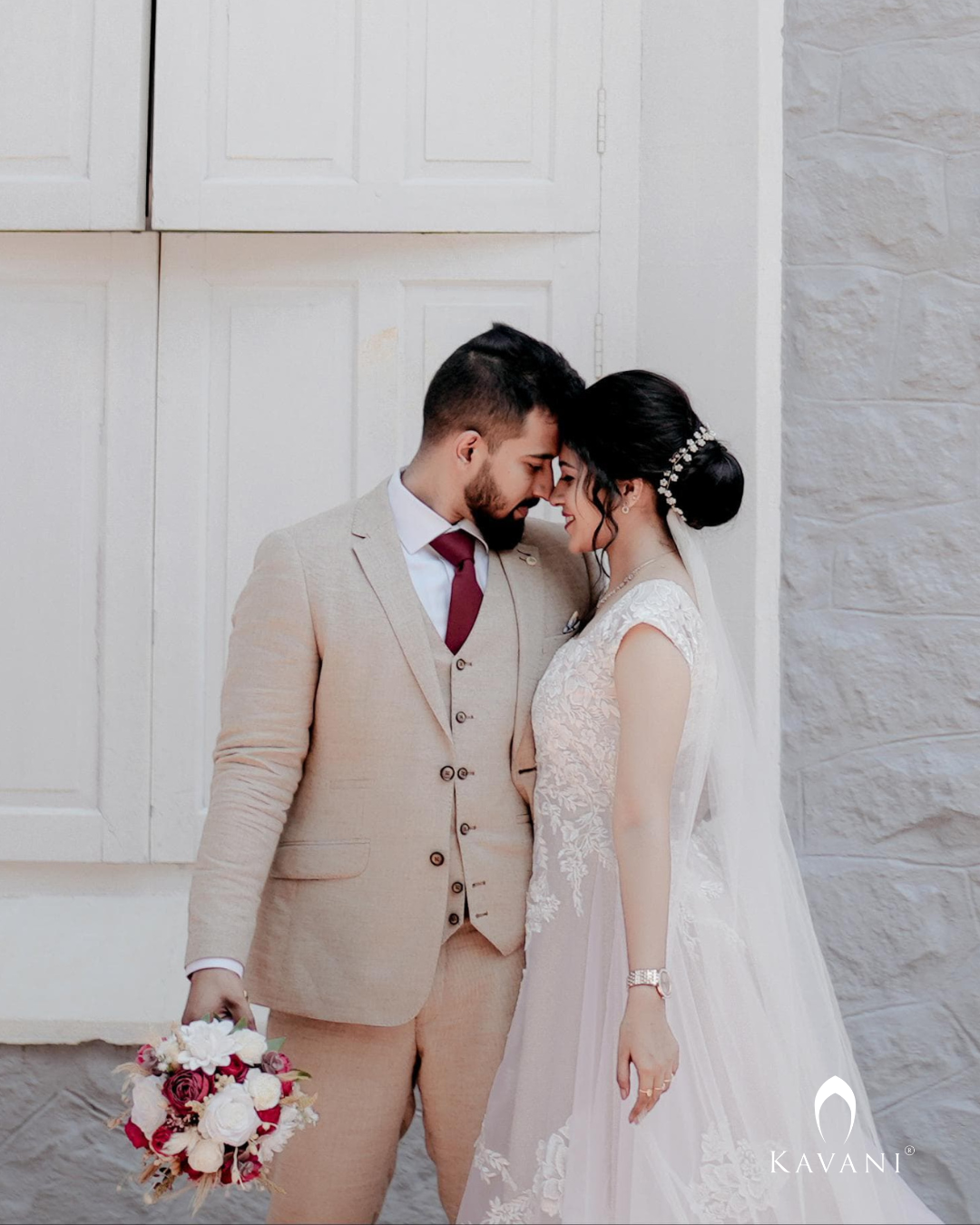 Signature Aline gown in organza fabric with applique over a champagne beige shimmer fabric