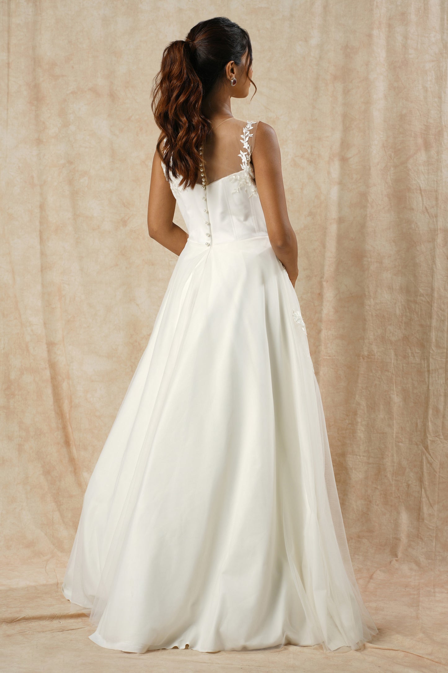 "Embroidered Lace Appliqué A-Line Gown with Full Flare"