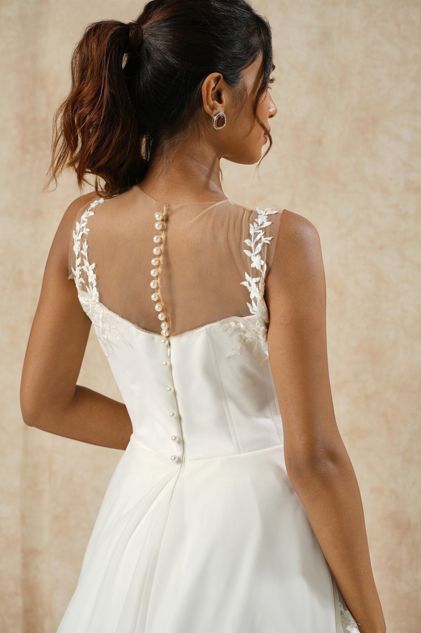"Embroidered Lace Appliqué A-Line Gown with Full Flare"