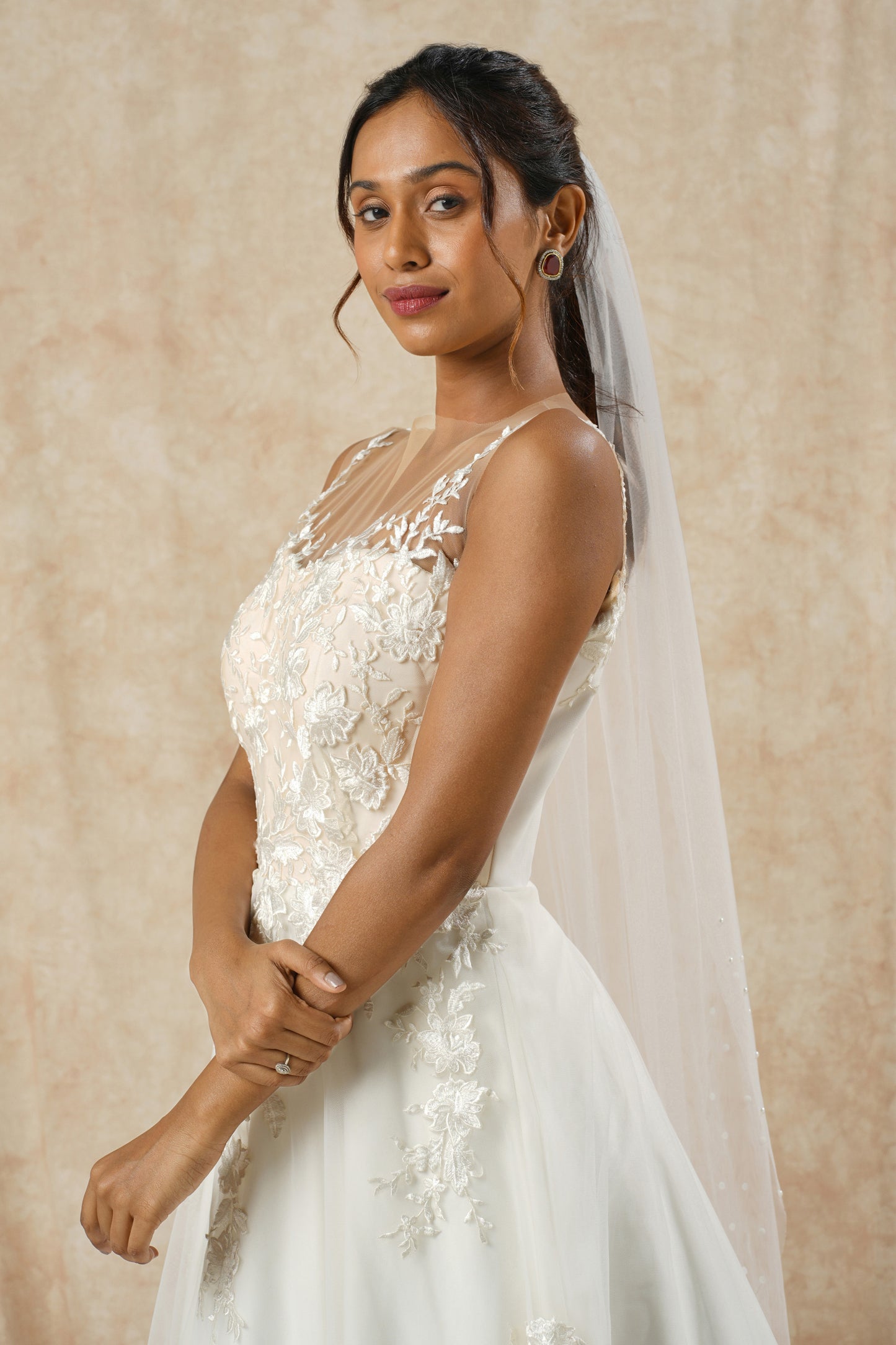 "Embroidered Lace Appliqué A-Line Gown with Full Flare"