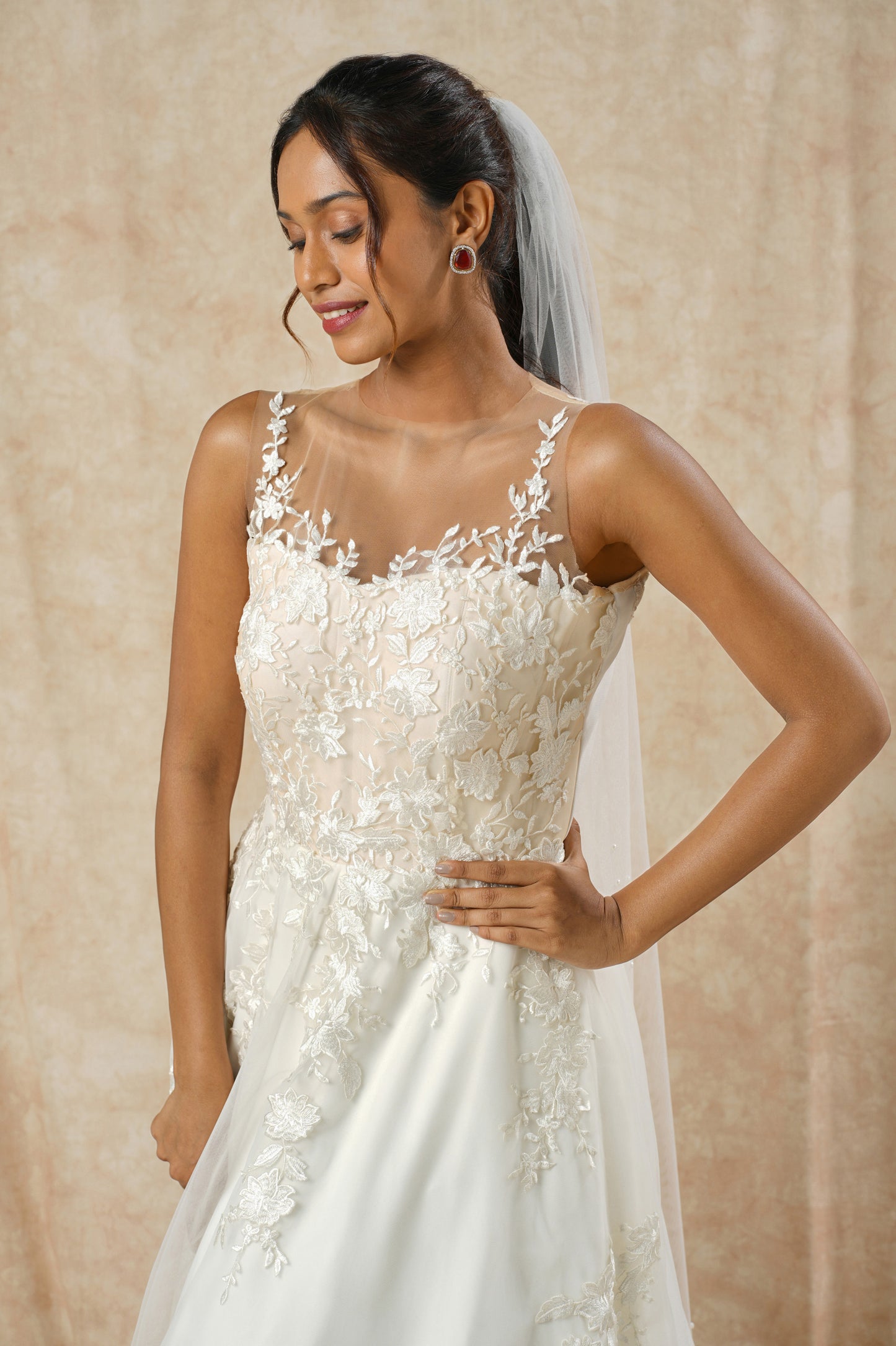 "Embroidered Lace Appliqué A-Line Gown with Full Flare"