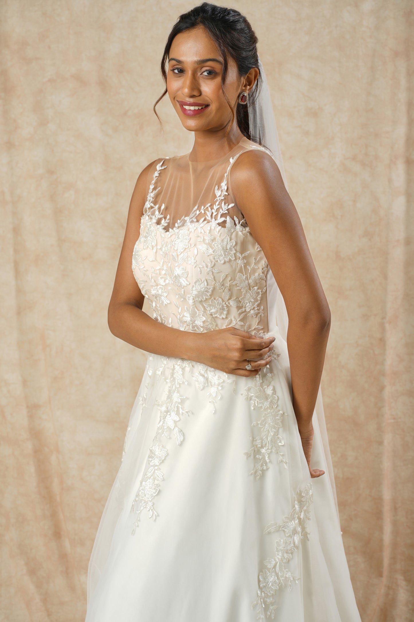 "Embroidered Lace Appliqué A-Line Gown with Full Flare"
