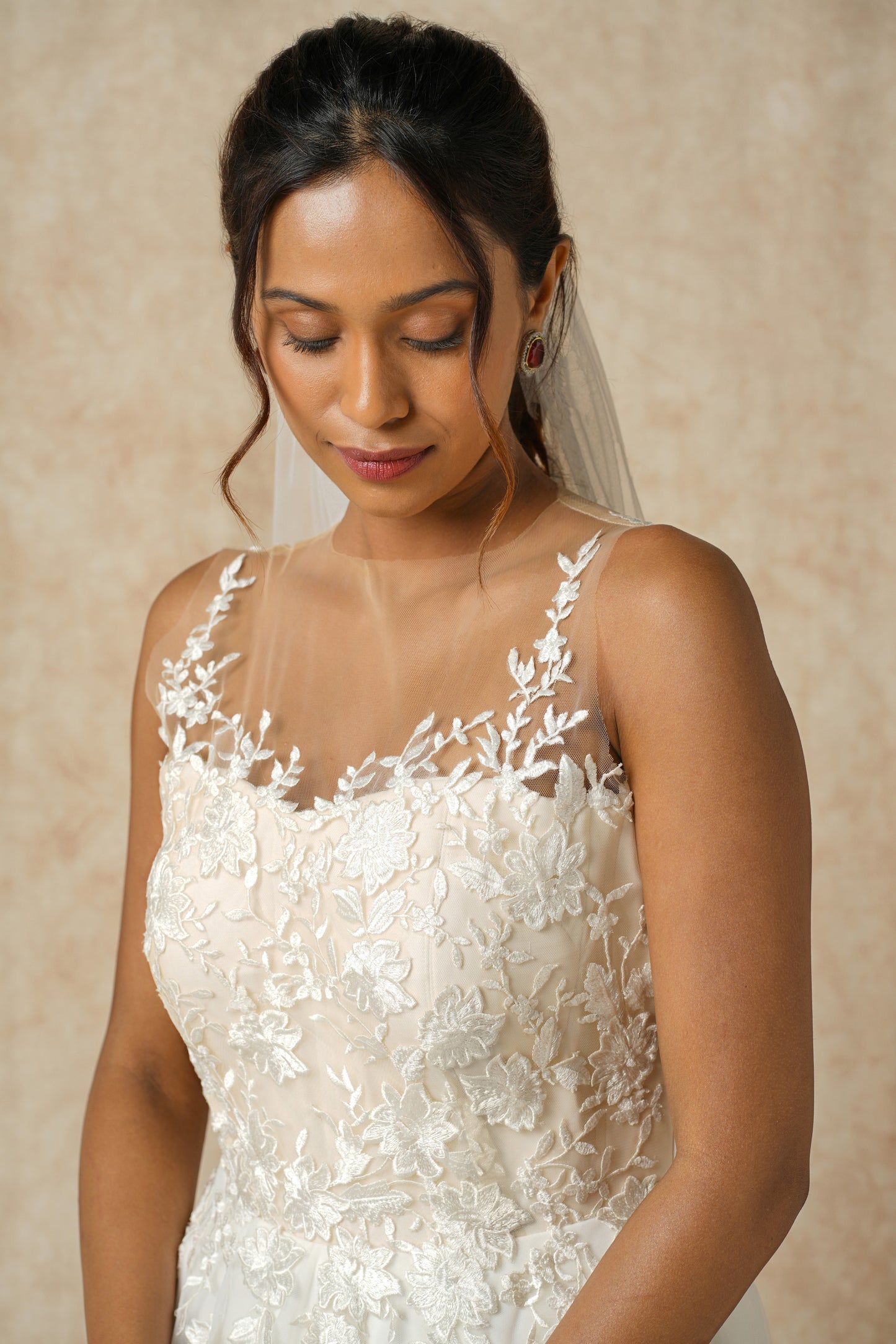 "Embroidered Lace Appliqué A-Line Gown with Full Flare"