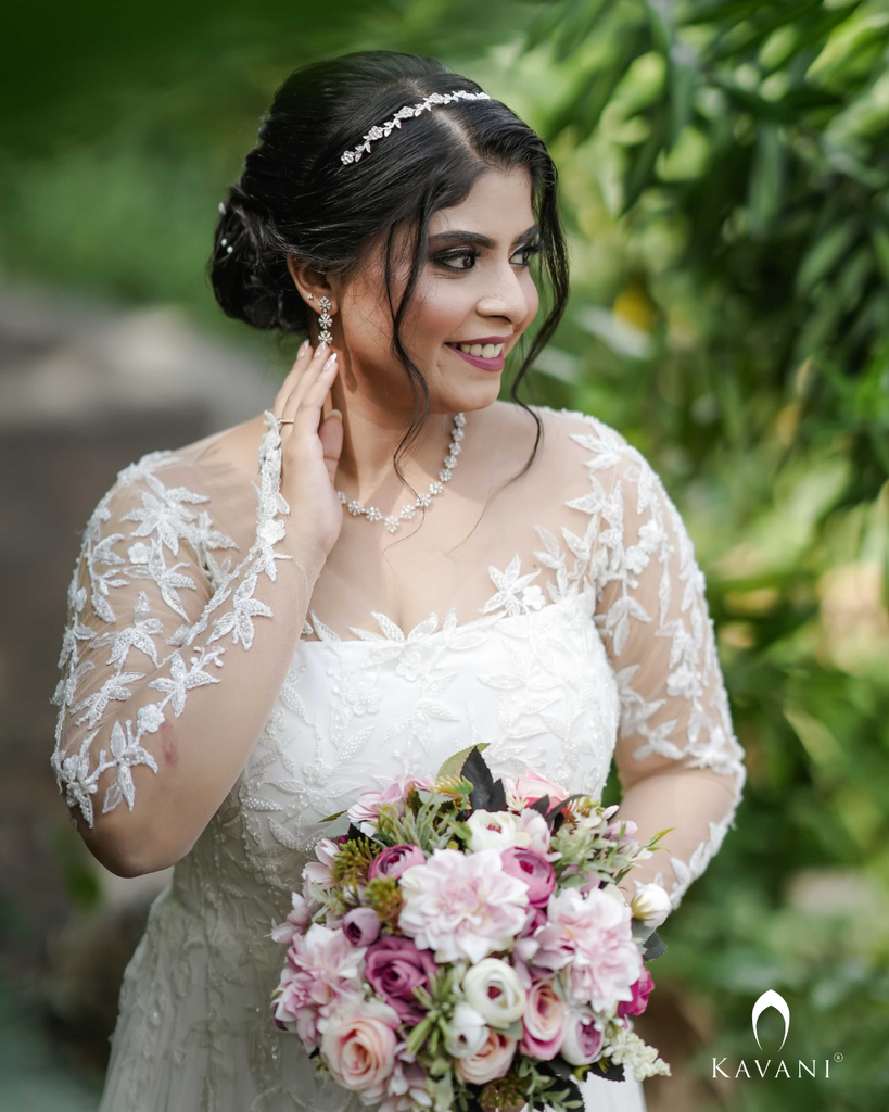 Signature Aline gown in georgette fabric with emblished lace over sleeve and yoke