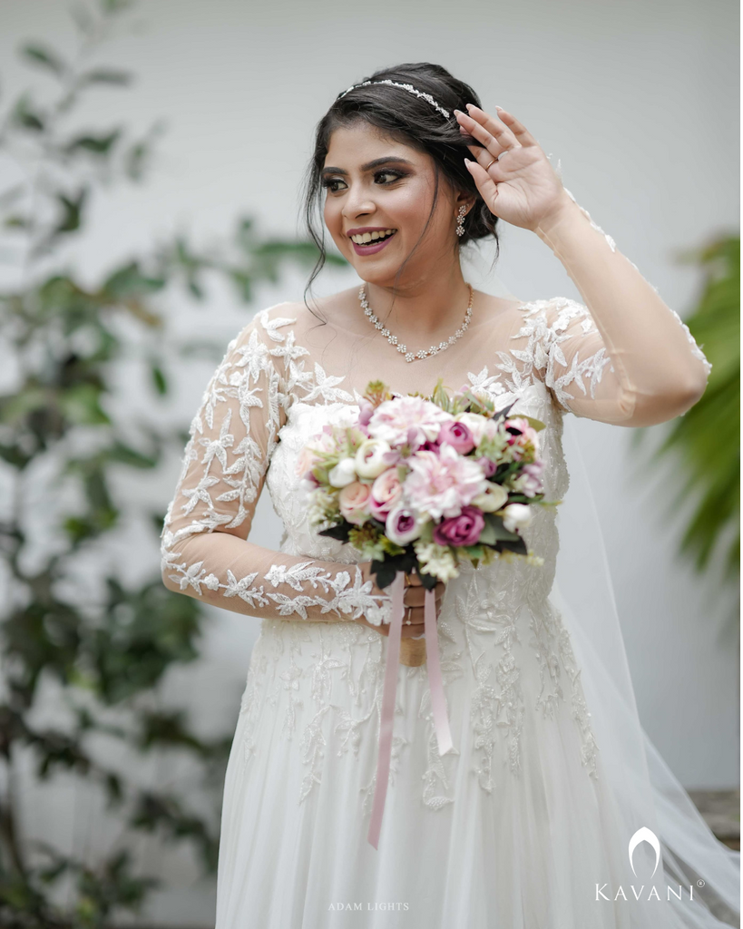 Signature Aline gown in georgette fabric with emblished lace over sleeve and yoke
